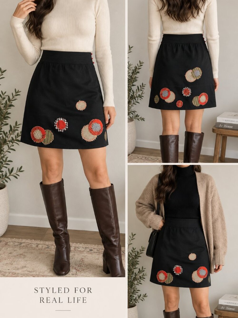 Anthropologie Lithe Patchwork Circle Applique Skirt Black Tweed Plaid Linen Sz 8